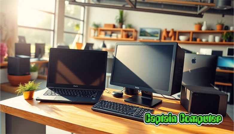 A photorealistic image (4K resolution) showcasing a selection of refurbished computers, highlighting their excellent condition. Bright, clean setting