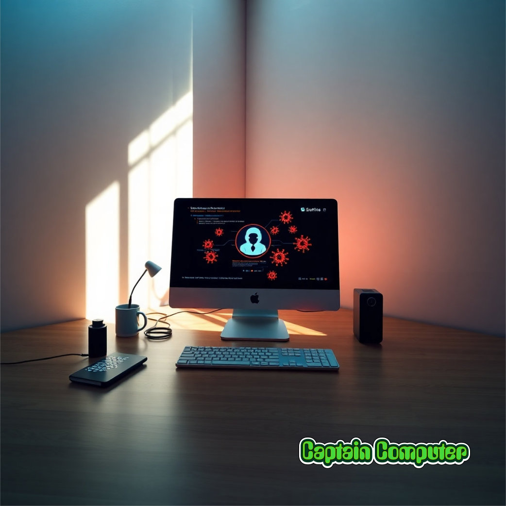 A photorealistic image (4K resolution) depicting a computer screen displaying a virus scan completing successfully, conveying a sense of security and restoration.